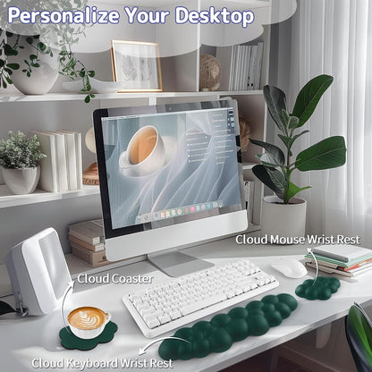 Cloud Wrist Rest Keyboard, Cloud Keyboard Wrist Pad Set with PU Leather Memory Foam, Cute Arm Rest for Palm Support, PC/Gaming Desk Accessories/Office Setup/Computer Hand Cushion - White