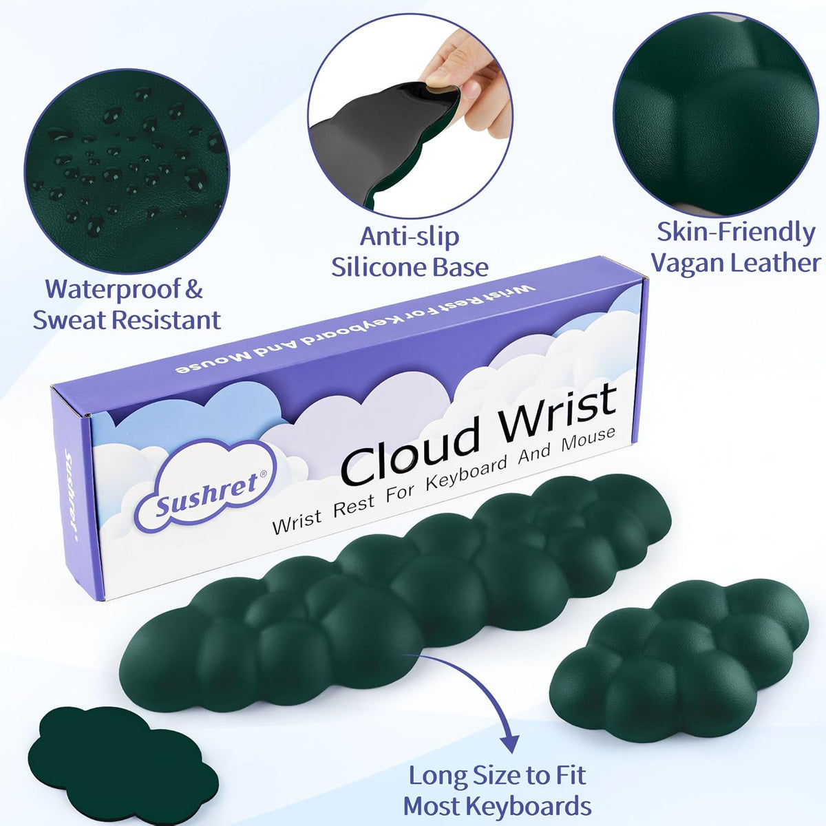 Cloud Wrist Rest Keyboard, Cloud Keyboard Wrist Pad Set with PU Leather Memory Foam, Cute Arm Rest for Palm Support, PC/Gaming Desk Accessories/Office Setup/Computer Hand Cushion - White