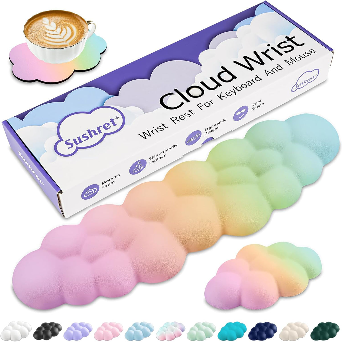 Cloud Wrist Rest Keyboard, Cloud Keyboard Wrist Pad Set with PU Leather Memory Foam, Cute Arm Rest for Palm Support, PC/Gaming Desk Accessories/Office Setup/Computer Hand Cushion - White