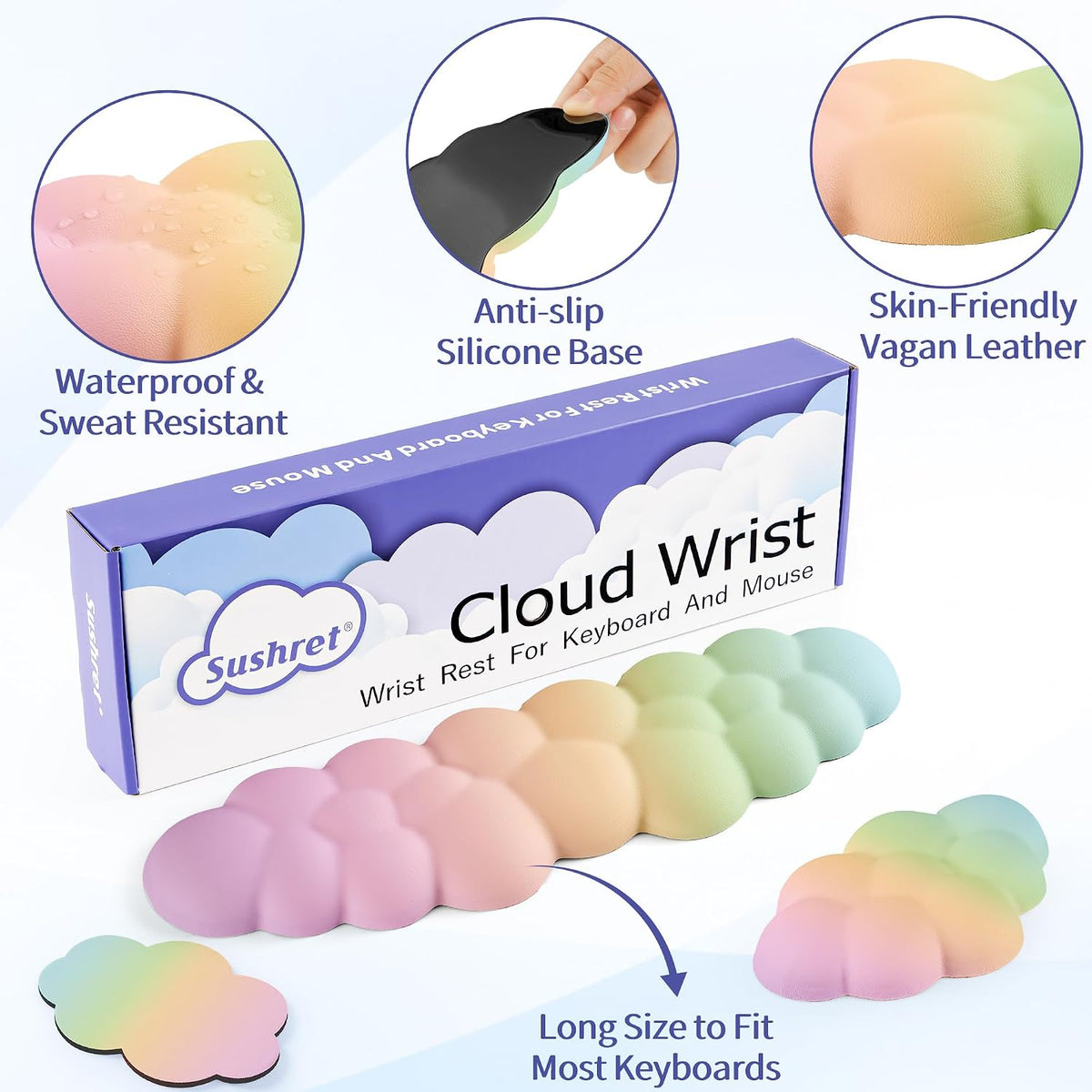 Cloud Wrist Rest Keyboard, Cloud Keyboard Wrist Pad Set with PU Leather Memory Foam, Cute Arm Rest for Palm Support, PC/Gaming Desk Accessories/Office Setup/Computer Hand Cushion - White