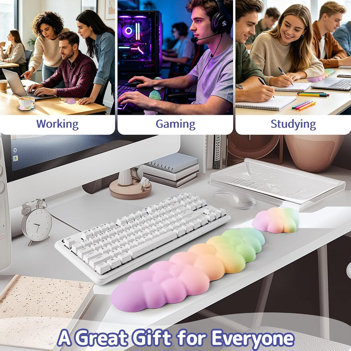 Cloud Wrist Rest Keyboard, Cloud Keyboard Wrist Pad Set with PU Leather Memory Foam, Cute Arm Rest for Palm Support, PC/Gaming Desk Accessories/Office Setup/Computer Hand Cushion - White