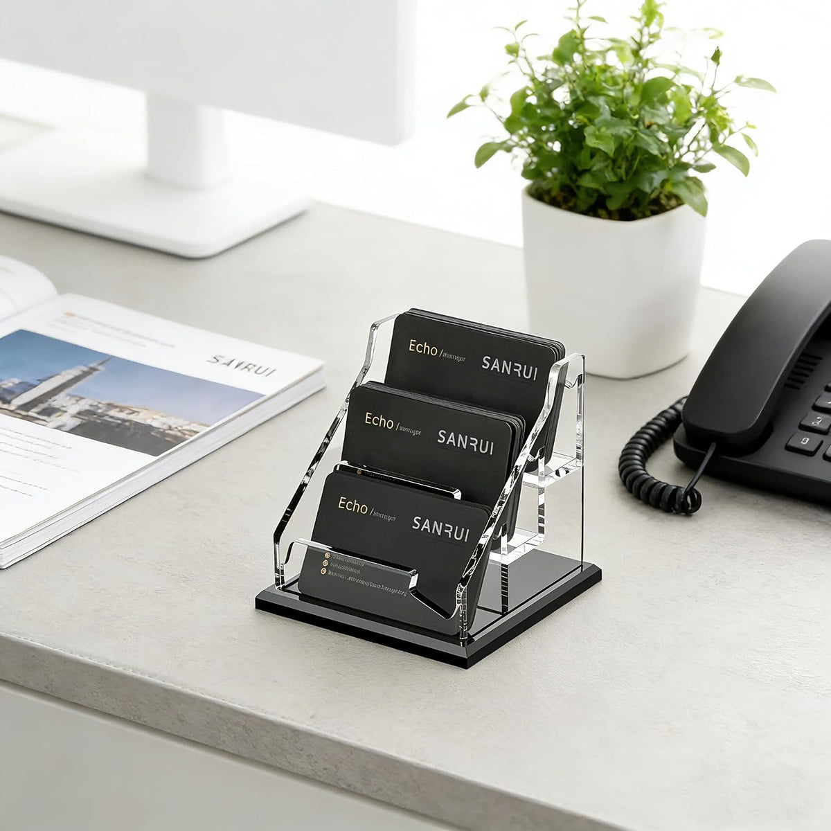 Acrylic Business Card Holder for Desk, Black Base, 60 Cards