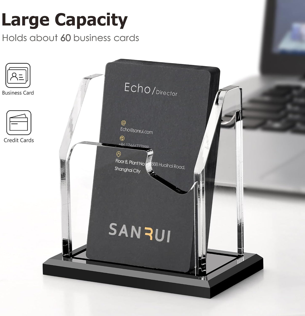 Acrylic Business Card Holder for Desk, Black Base, 60 Cards