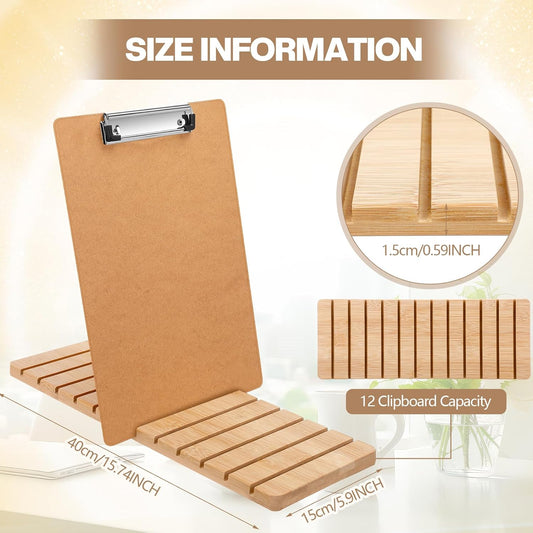 Bamboo Clipboard Holder 12 Slots Clipboard Organizer 5.9 x 15.7'' Storage Rack Document Typing Paper Stand Menu Display Receipt Holder for Classroom Office School Teacher No Assembly Required