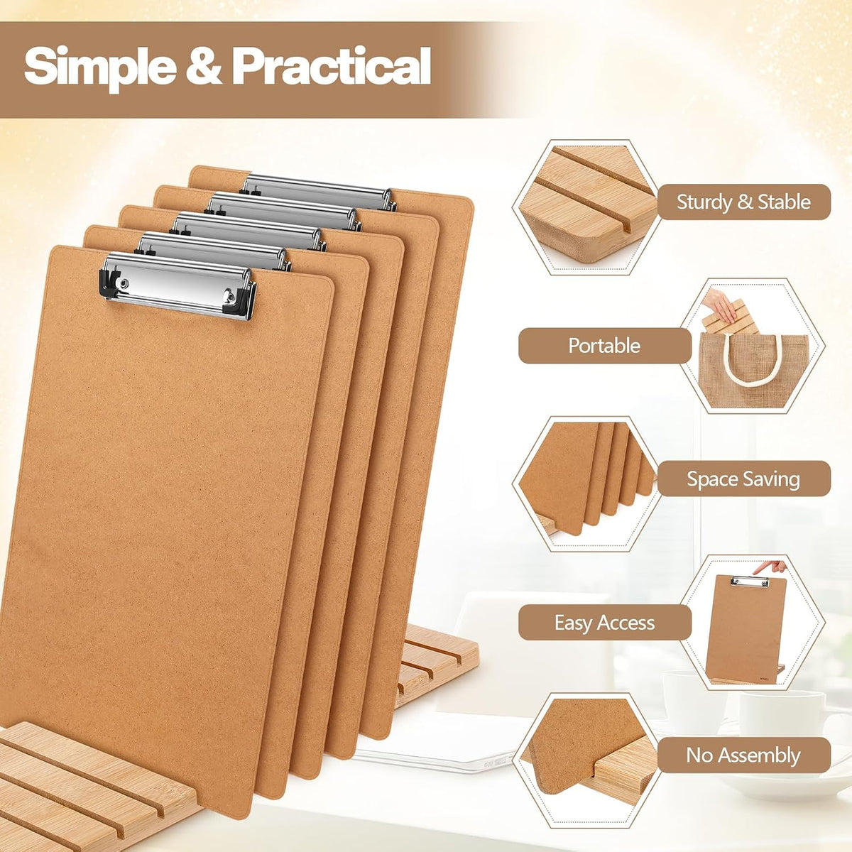 Bamboo Clipboard Holder 12 Slots Clipboard Organizer 5.9 x 15.7'' Storage Rack Document Typing Paper Stand Menu Display Receipt Holder for Classroom Office School Teacher No Assembly Required
