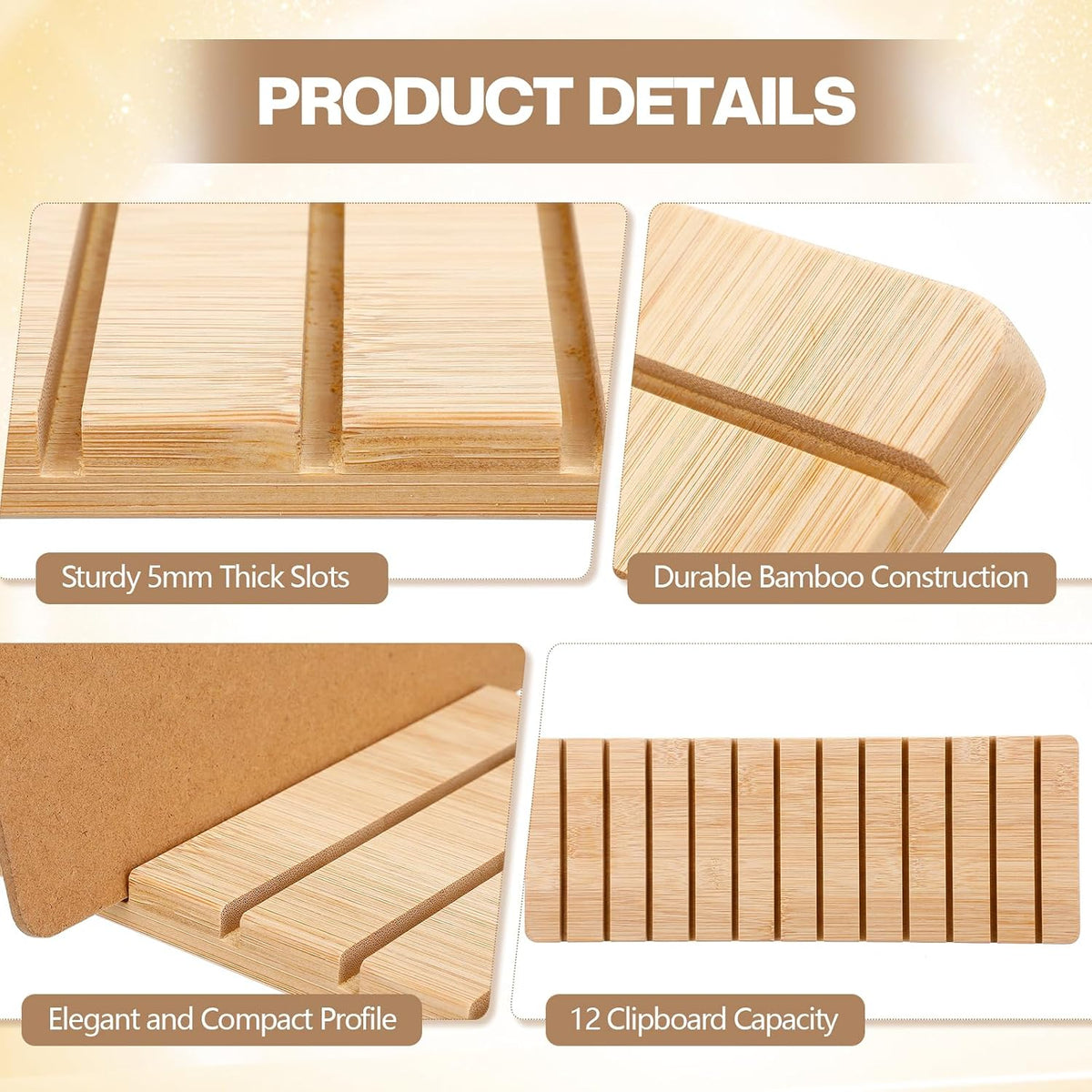 Bamboo Clipboard Holder 12 Slots Clipboard Organizer 5.9 x 15.7'' Storage Rack Document Typing Paper Stand Menu Display Receipt Holder for Classroom Office School Teacher No Assembly Required