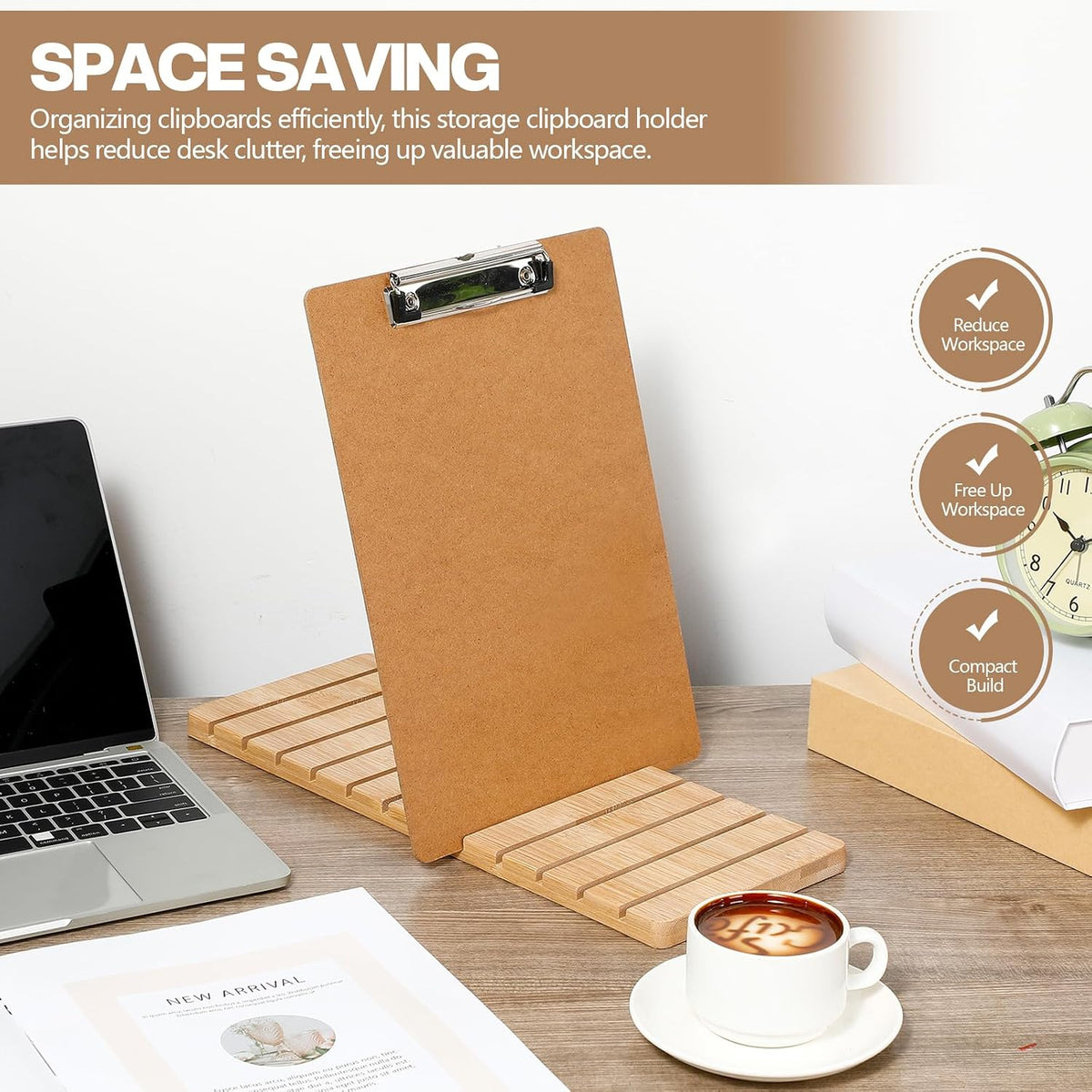 Bamboo Clipboard Holder 12 Slots Clipboard Organizer 5.9 x 15.7'' Storage Rack Document Typing Paper Stand Menu Display Receipt Holder for Classroom Office School Teacher No Assembly Required