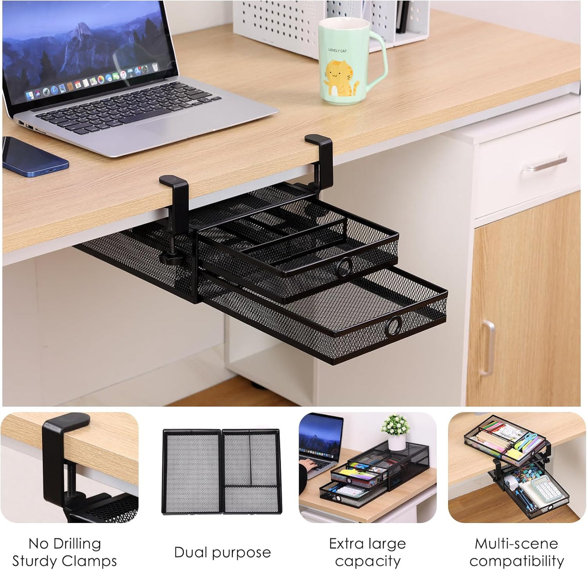 Under Desk Drawer, Clamp on Desk Organizer Slide Out Table Storage No Drill