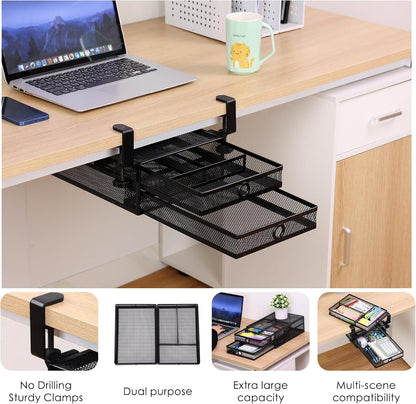 Under Desk Drawer, Clamp on Desk Organizer Slide Out Table Storage No Drill