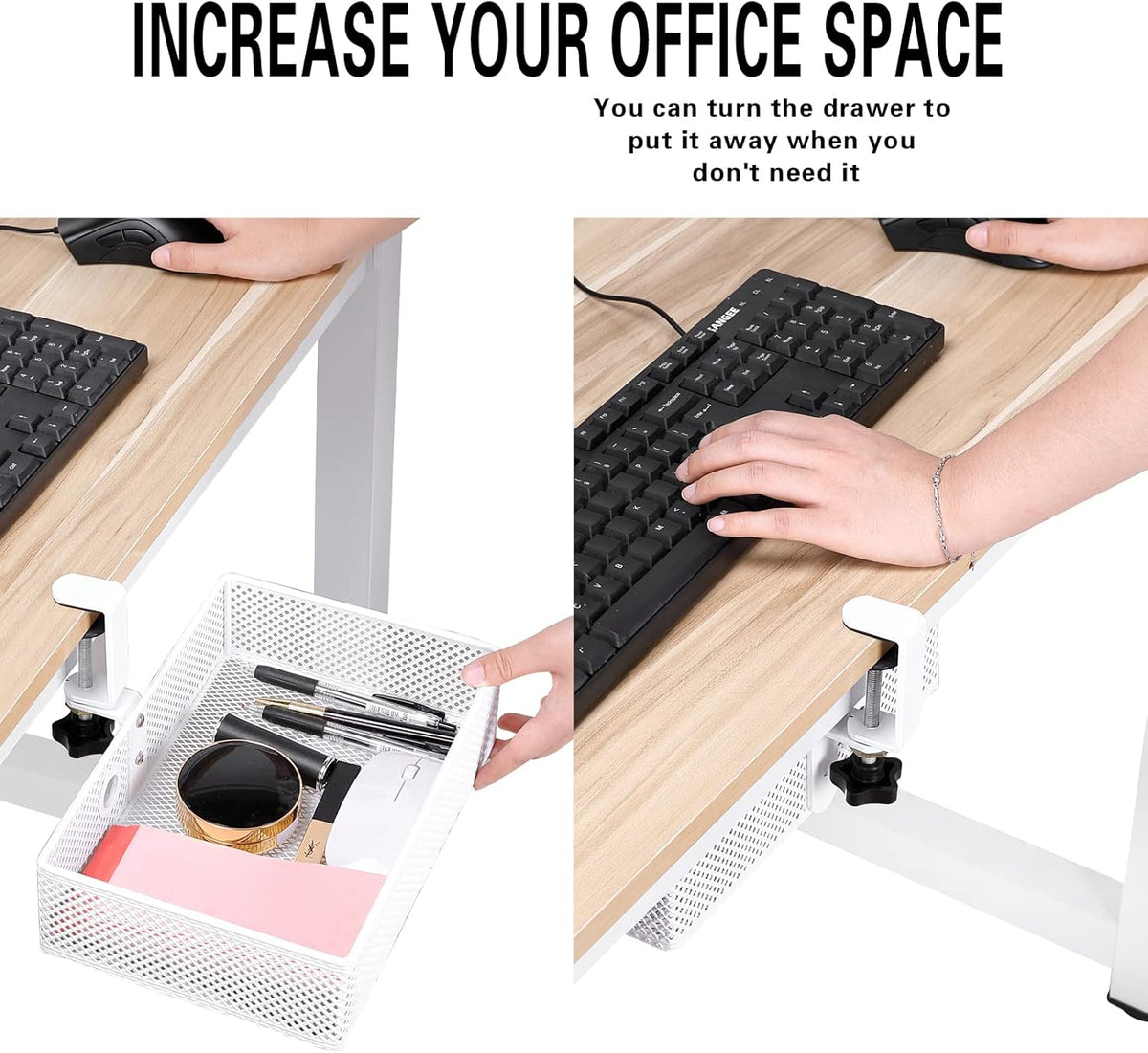Under Desk Drawer, Clamp on Desk Organizer Slide Out Table Storage No Drill