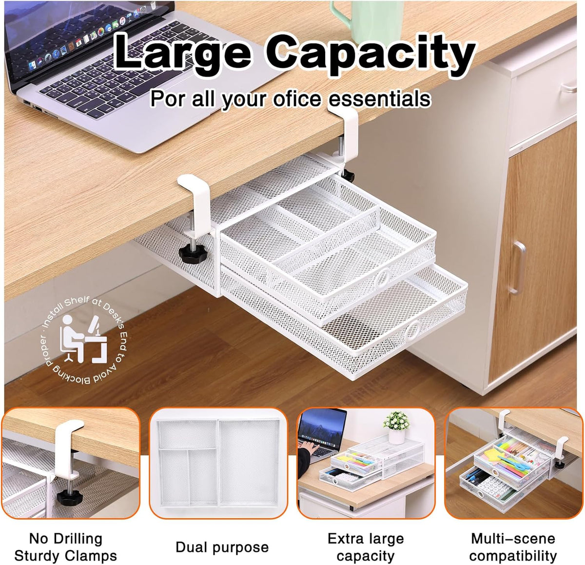 Under Desk Drawer, Clamp on Desk Organizer Slide Out Table Storage No Drill