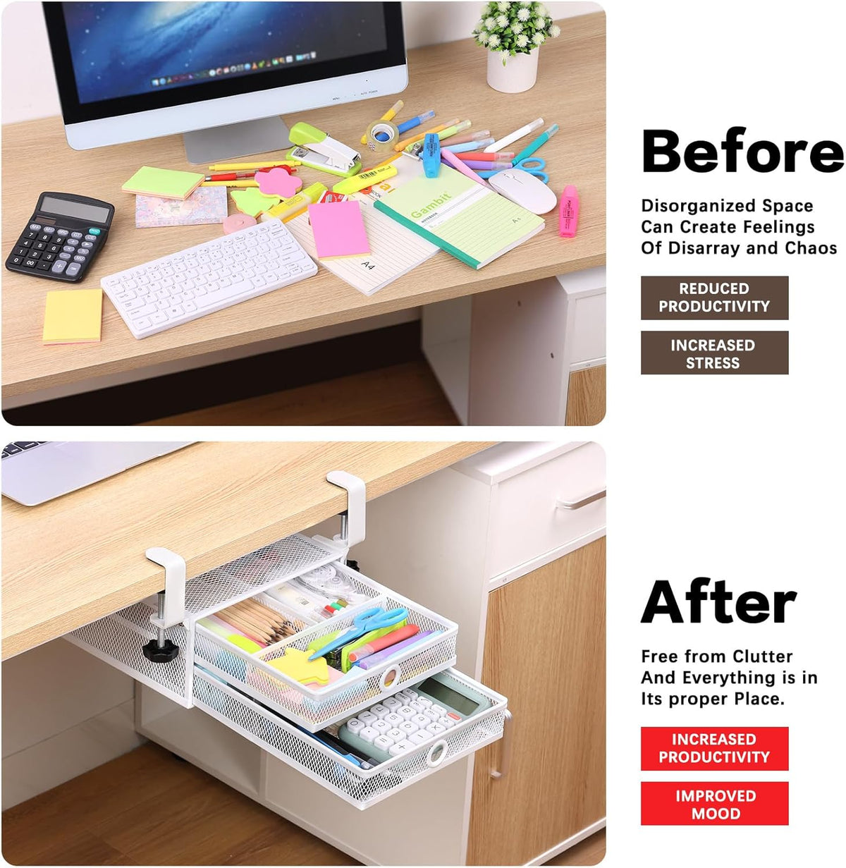 Under Desk Drawer, Clamp on Desk Organizer Slide Out Table Storage No Drill