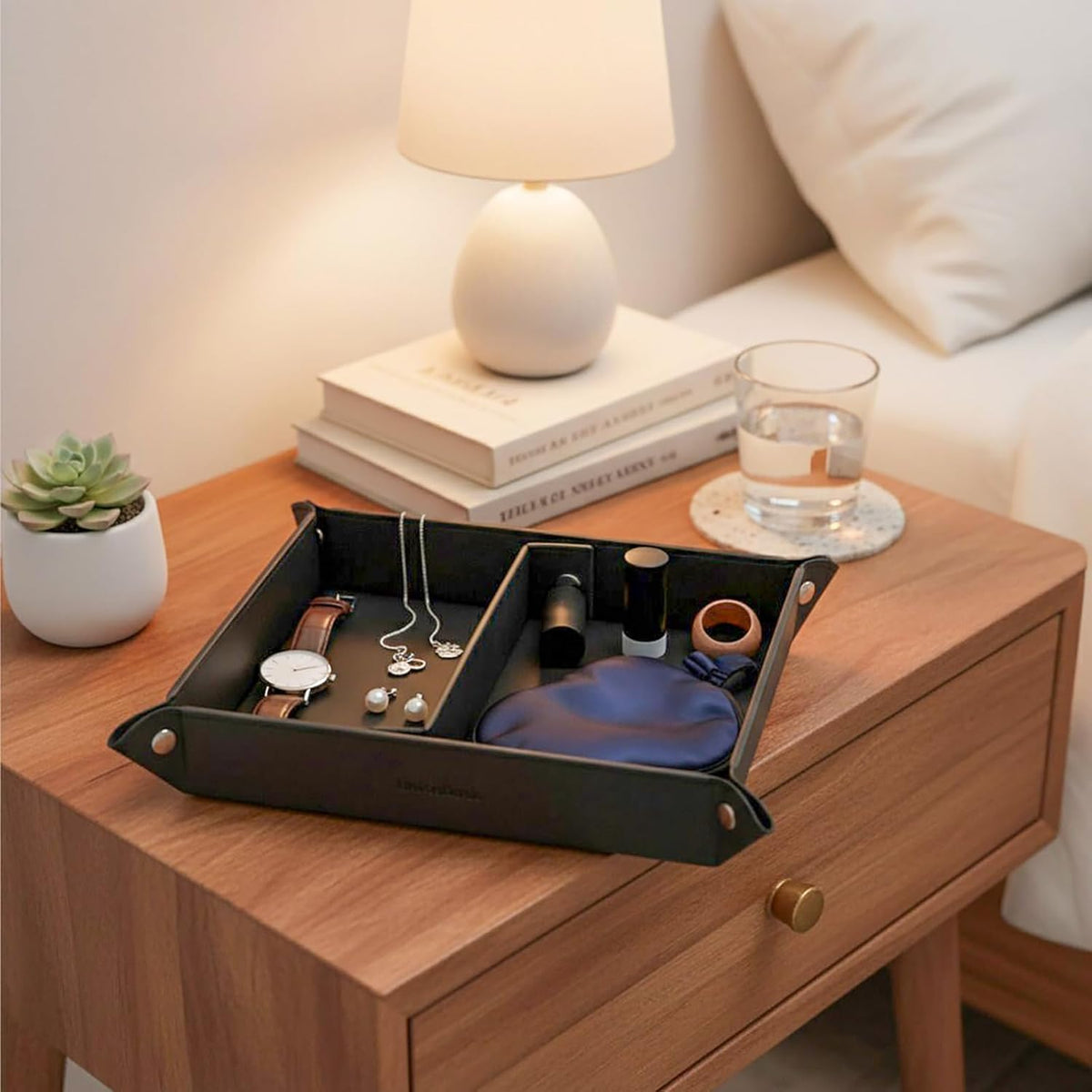 Small Valet Tray, Jewelry Tray for Rings Watches Earrings, Entryway Catchall Caddy for Coins Keys Change, Nightstand Bedside Valet Holder, Trays for Electronic Gadgets, Beige - Colors A