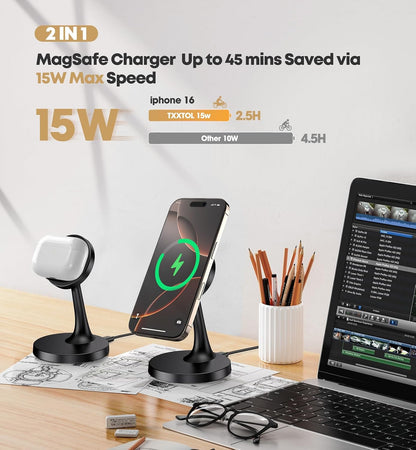 Magnetic Wireless Charger iPhone Stand 15W Fast Mag-Safe Charger for iPhone 17/17 Pro/17 Air/17 Pro Max 16/15/14/13/12 Series Apple Magnet Wireless Charging Station/Pad for AirPods