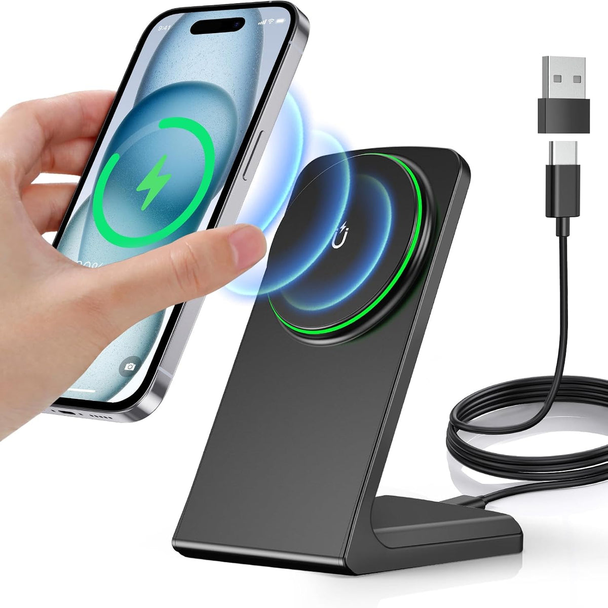 Magnetic Wireless Charger iPhone Stand 15W Fast Mag-Safe Charger for iPhone 17/17 Pro/17 Air/17 Pro Max 16/15/14/13/12 Series Apple Magnet Wireless Charging Station/Pad for AirPods