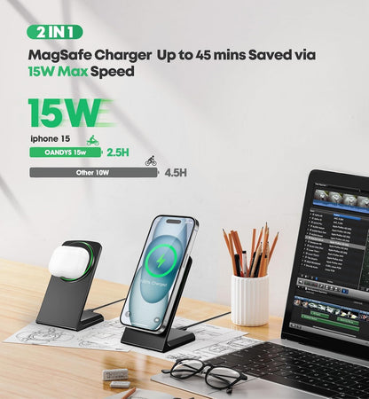 Magnetic Wireless Charger iPhone Stand 15W Fast Mag-Safe Charger for iPhone 17/17 Pro/17 Air/17 Pro Max 16/15/14/13/12 Series Apple Magnet Wireless Charging Station/Pad for AirPods