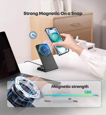 Magnetic Wireless Charger iPhone Stand 15W Fast Mag-Safe Charger for iPhone 17/17 Pro/17 Air/17 Pro Max 16/15/14/13/12 Series Apple Magnet Wireless Charging Station/Pad for AirPods