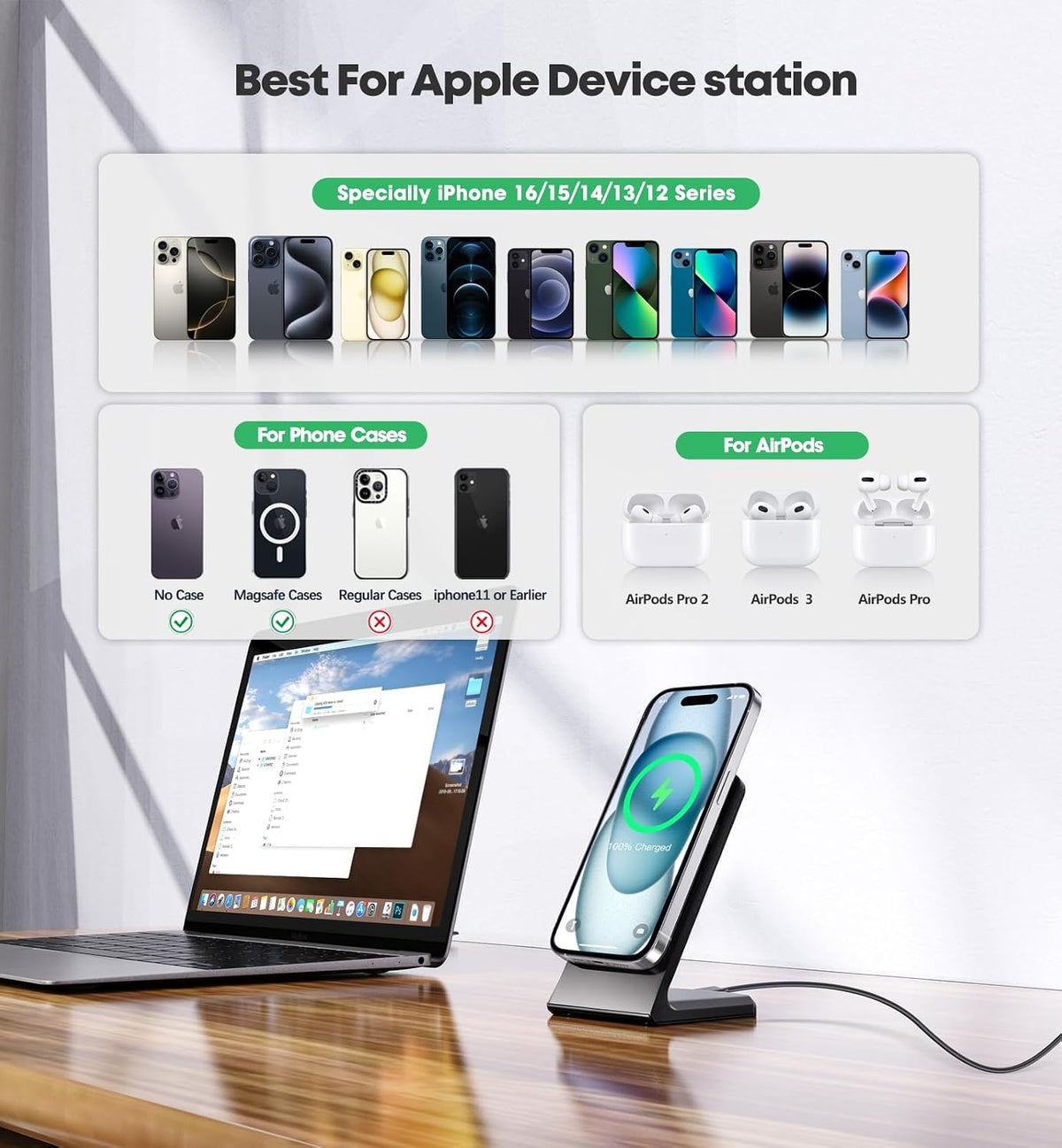 Magnetic Wireless Charger iPhone Stand 15W Fast Mag-Safe Charger for iPhone 17/17 Pro/17 Air/17 Pro Max 16/15/14/13/12 Series Apple Magnet Wireless Charging Station/Pad for AirPods