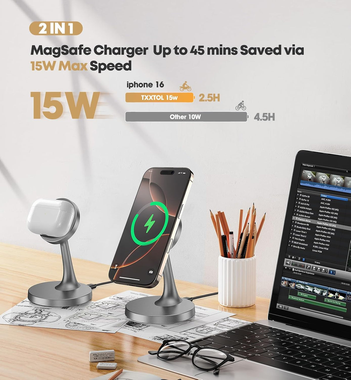 Magnetic Wireless Charger iPhone Stand 15W Fast Mag-Safe Charger for iPhone 17/17 Pro/17 Air/17 Pro Max 16/15/14/13/12 Series Apple Magnet Wireless Charging Station/Pad for AirPods