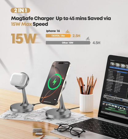 Magnetic Wireless Charger iPhone Stand 15W Fast Mag-Safe Charger for iPhone 17/17 Pro/17 Air/17 Pro Max 16/15/14/13/12 Series Apple Magnet Wireless Charging Station/Pad for AirPods