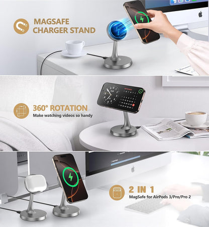 Magnetic Wireless Charger iPhone Stand 15W Fast Mag-Safe Charger for iPhone 17/17 Pro/17 Air/17 Pro Max 16/15/14/13/12 Series Apple Magnet Wireless Charging Station/Pad for AirPods
