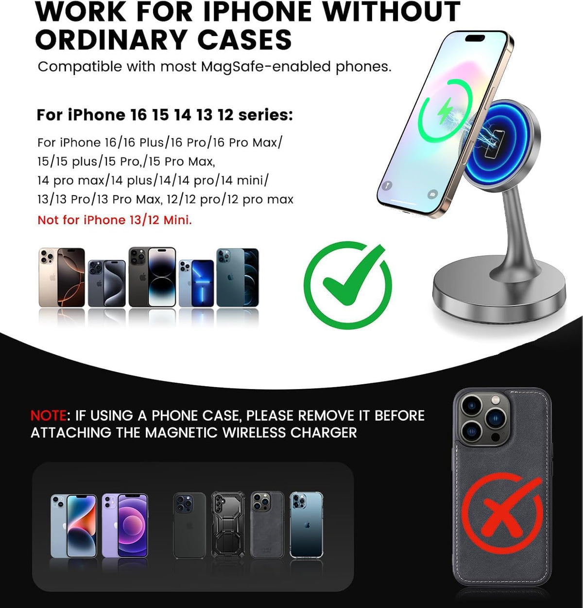 Magnetic Wireless Charger iPhone Stand 15W Fast Mag-Safe Charger for iPhone 17/17 Pro/17 Air/17 Pro Max 16/15/14/13/12 Series Apple Magnet Wireless Charging Station/Pad for AirPods
