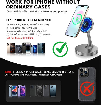 Magnetic Wireless Charger iPhone Stand 15W Fast Mag-Safe Charger for iPhone 17/17 Pro/17 Air/17 Pro Max 16/15/14/13/12 Series Apple Magnet Wireless Charging Station/Pad for AirPods