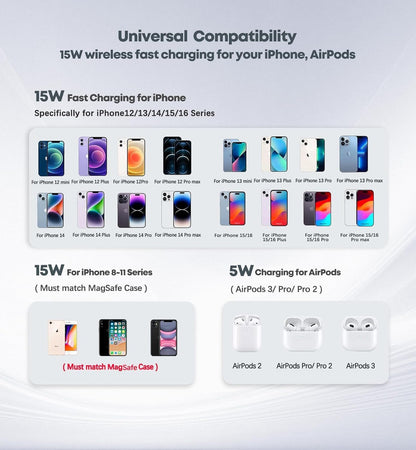 Magnetic Wireless Charger iPhone Stand 15W Fast Mag-Safe Charger for iPhone 17/17 Pro/17 Air/17 Pro Max 16/15/14/13/12 Series Apple Magnet Wireless Charging Station/Pad for AirPods