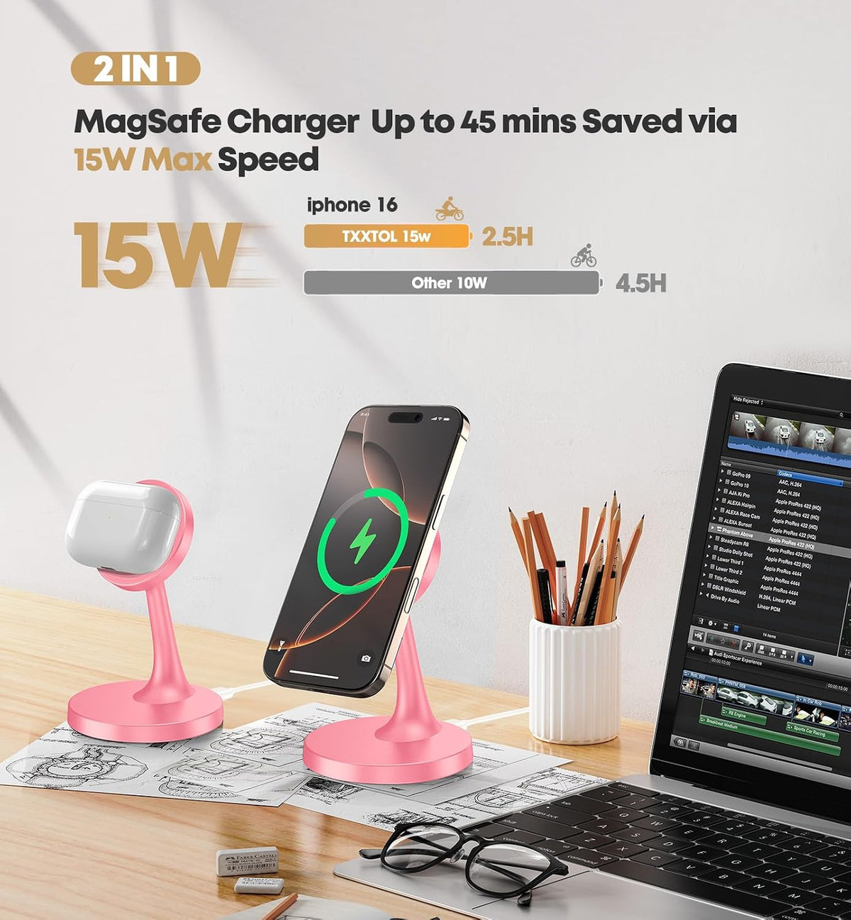 Magnetic Wireless Charger iPhone Stand 15W Fast Mag-Safe Charger for iPhone 17/17 Pro/17 Air/17 Pro Max 16/15/14/13/12 Series Apple Magnet Wireless Charging Station/Pad for AirPods