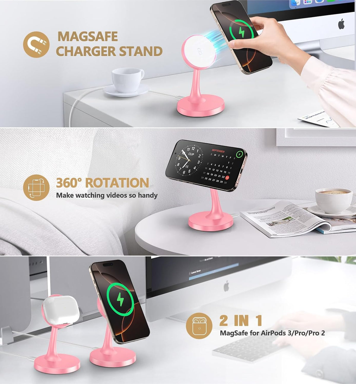 Magnetic Wireless Charger iPhone Stand 15W Fast Mag-Safe Charger for iPhone 17/17 Pro/17 Air/17 Pro Max 16/15/14/13/12 Series Apple Magnet Wireless Charging Station/Pad for AirPods