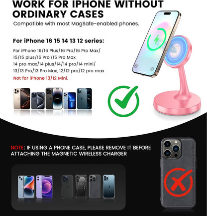 Magnetic Wireless Charger iPhone Stand 15W Fast Mag-Safe Charger for iPhone 17/17 Pro/17 Air/17 Pro Max 16/15/14/13/12 Series Apple Magnet Wireless Charging Station/Pad for AirPods