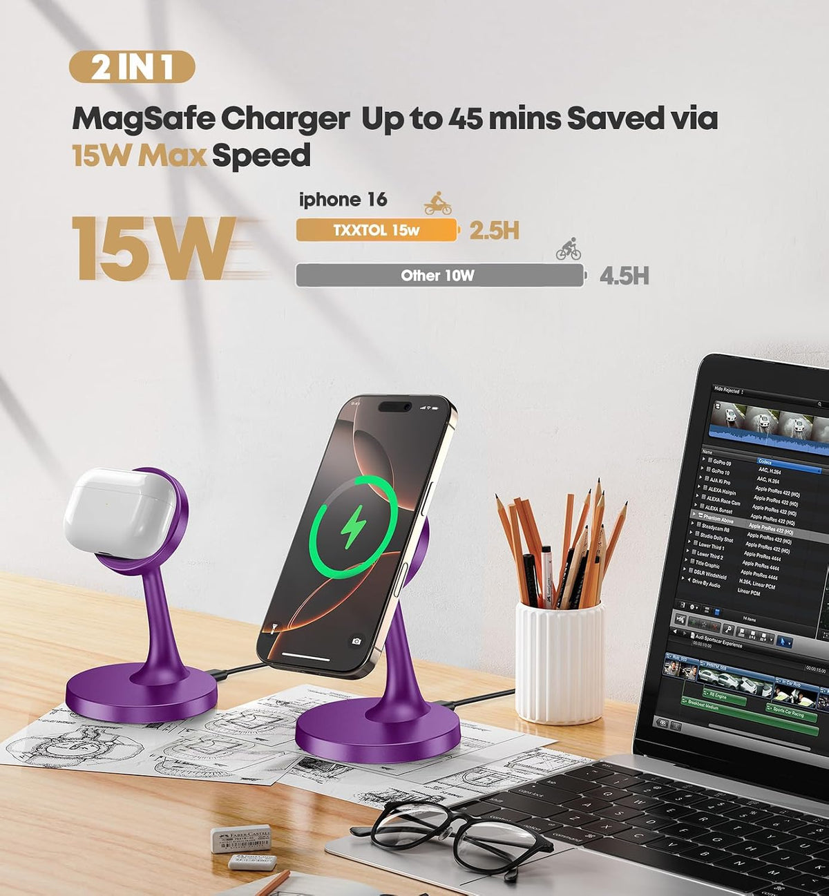 Magnetic Wireless Charger iPhone Stand 15W Fast Mag-Safe Charger for iPhone 17/17 Pro/17 Air/17 Pro Max 16/15/14/13/12 Series Apple Magnet Wireless Charging Station/Pad for AirPods