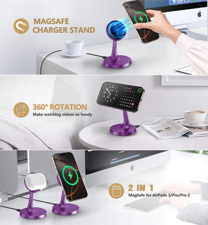 Magnetic Wireless Charger iPhone Stand 15W Fast Mag-Safe Charger for iPhone 17/17 Pro/17 Air/17 Pro Max 16/15/14/13/12 Series Apple Magnet Wireless Charging Station/Pad for AirPods