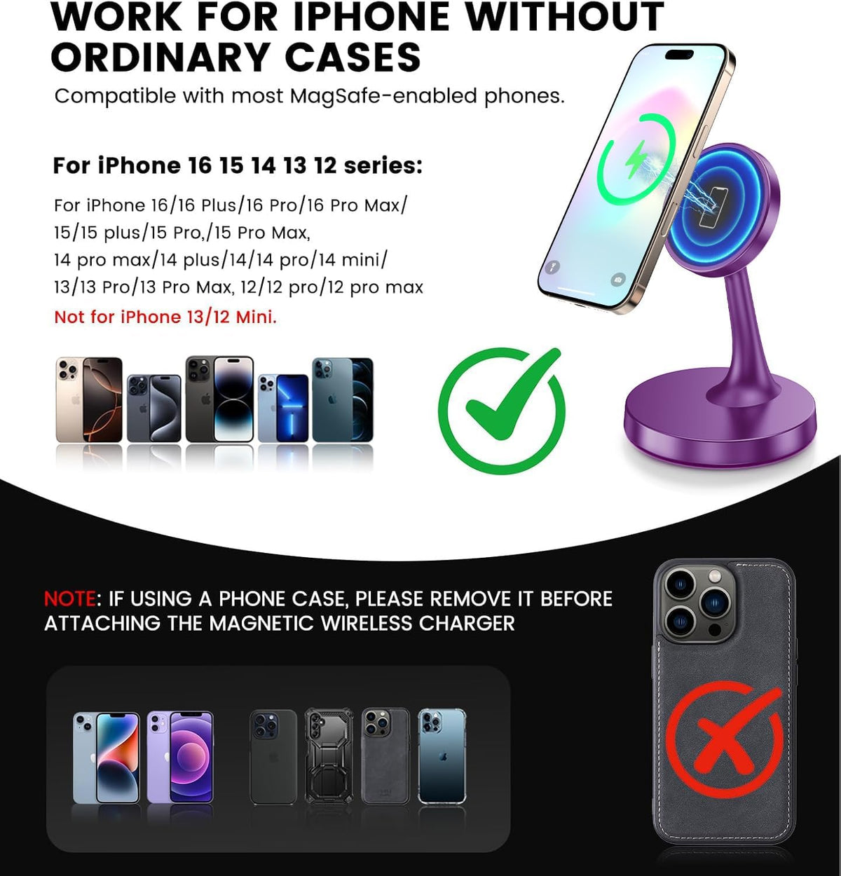 Magnetic Wireless Charger iPhone Stand 15W Fast Mag-Safe Charger for iPhone 17/17 Pro/17 Air/17 Pro Max 16/15/14/13/12 Series Apple Magnet Wireless Charging Station/Pad for AirPods