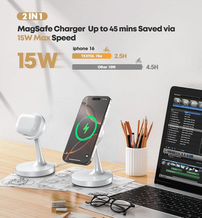 Magnetic Wireless Charger iPhone Stand 15W Fast Mag-Safe Charger for iPhone 17/17 Pro/17 Air/17 Pro Max 16/15/14/13/12 Series Apple Magnet Wireless Charging Station/Pad for AirPods