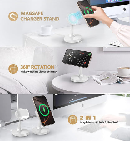 Magnetic Wireless Charger iPhone Stand 15W Fast Mag-Safe Charger for iPhone 17/17 Pro/17 Air/17 Pro Max 16/15/14/13/12 Series Apple Magnet Wireless Charging Station/Pad for AirPods