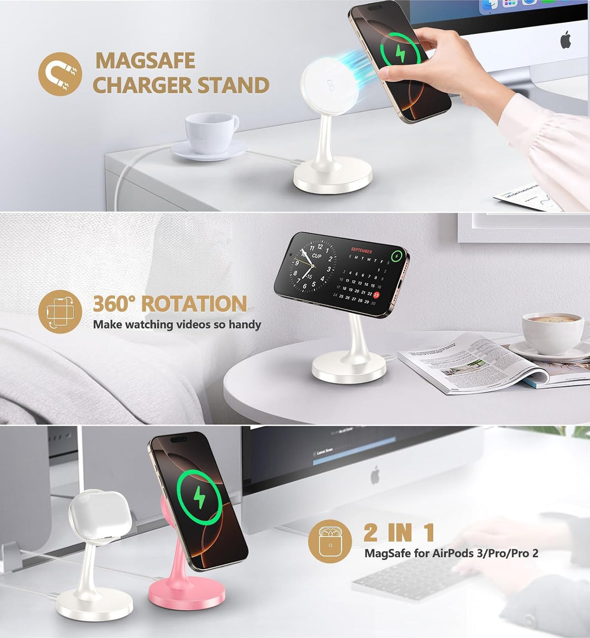 Magnetic Wireless Charger iPhone Stand 15W Fast Mag-Safe Charger for iPhone 17/17 Pro/17 Air/17 Pro Max 16/15/14/13/12 Series Apple Magnet Wireless Charging Station/Pad for AirPods