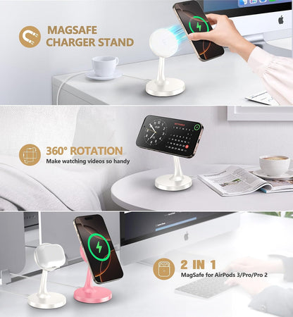 Magnetic Wireless Charger iPhone Stand 15W Fast Mag-Safe Charger for iPhone 17/17 Pro/17 Air/17 Pro Max 16/15/14/13/12 Series Apple Magnet Wireless Charging Station/Pad for AirPods