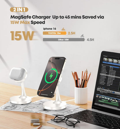 Magnetic Wireless Charger iPhone Stand 15W Fast Mag-Safe Charger for iPhone 17/17 Pro/17 Air/17 Pro Max 16/15/14/13/12 Series Apple Magnet Wireless Charging Station/Pad for AirPods