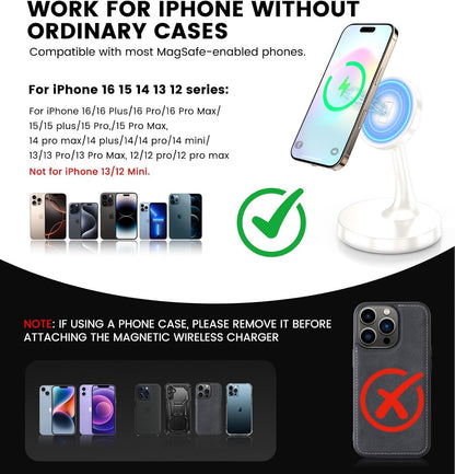 Magnetic Wireless Charger iPhone Stand 15W Fast Mag-Safe Charger for iPhone 17/17 Pro/17 Air/17 Pro Max 16/15/14/13/12 Series Apple Magnet Wireless Charging Station/Pad for AirPods