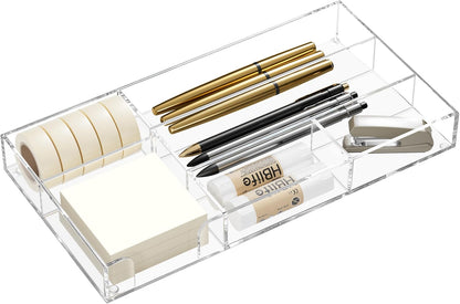 Acrylic Desk Drawer Organizer Tray with 6 Compartments, Small Clear Office Drawer Organizers and Accessories for Pens, Pencil, Makeup, Desktop, Bathroom and Kitchen, 11.65 x 6.1 x 1.38 Inch
