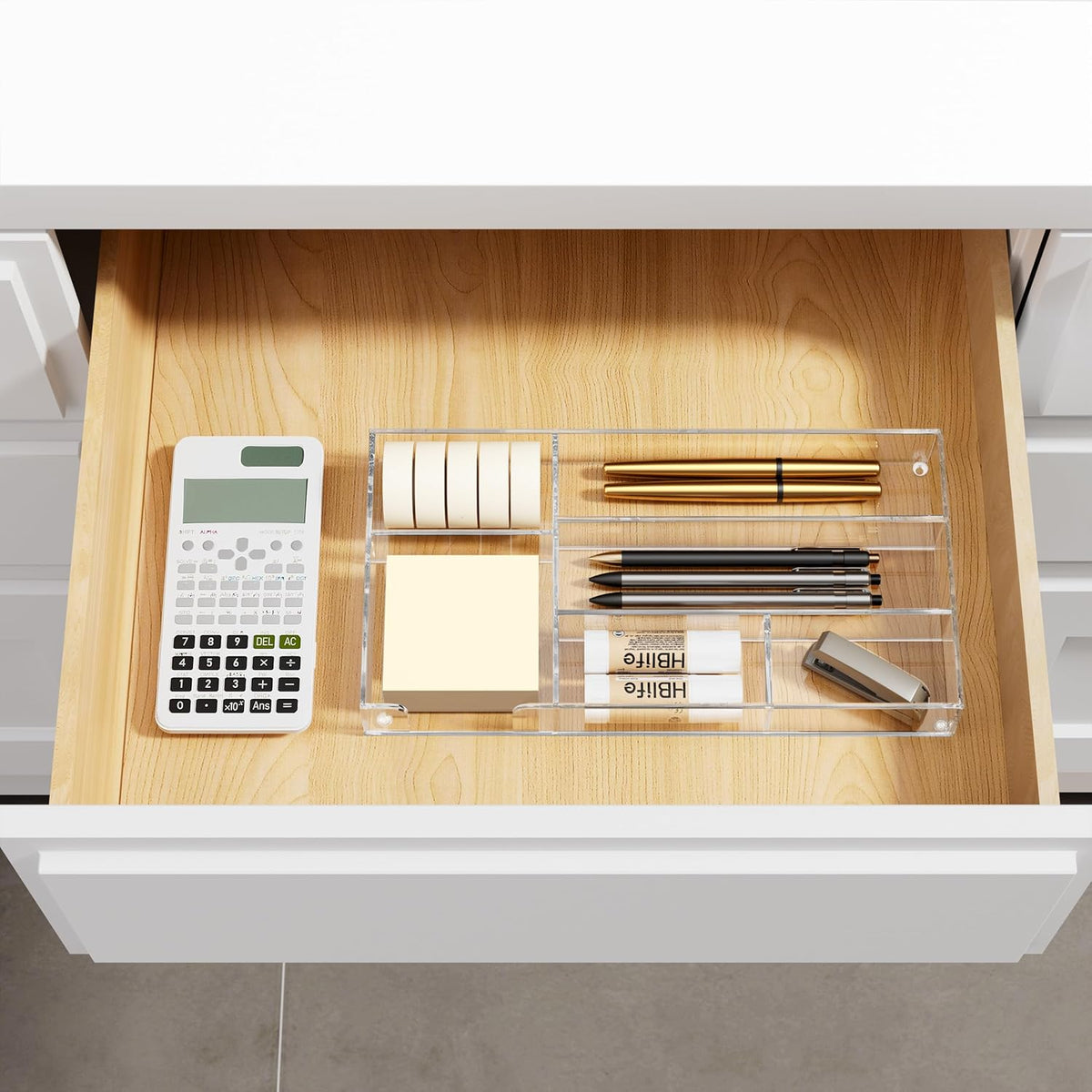 Acrylic Desk Drawer Organizer Tray with 6 Compartments, Small Clear Office Drawer Organizers and Accessories for Pens, Pencil, Makeup, Desktop, Bathroom and Kitchen, 11.65 x 6.1 x 1.38 Inch