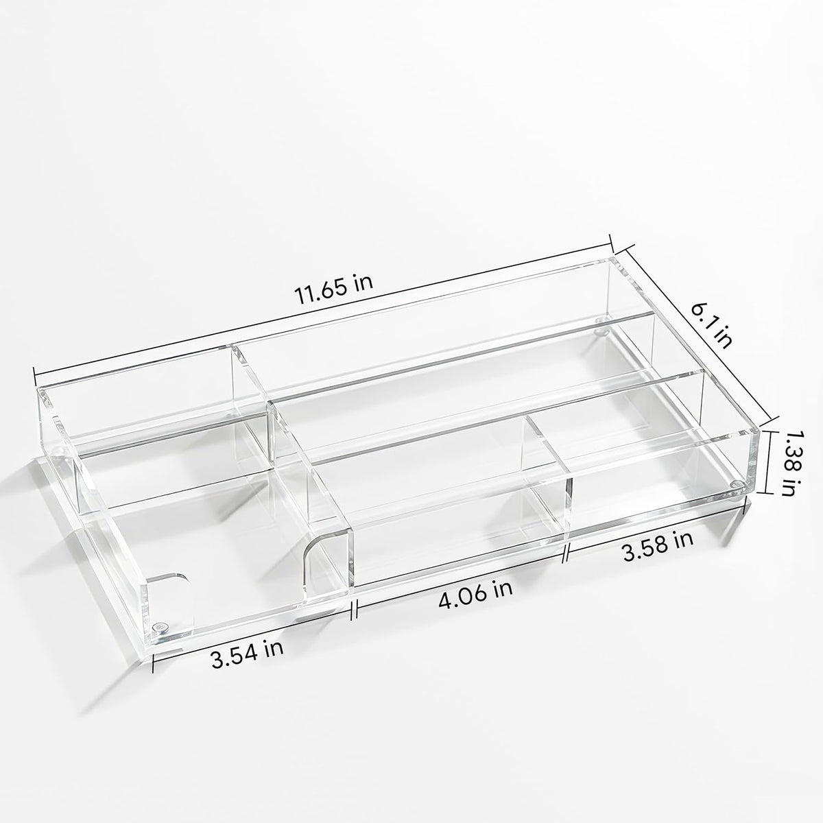 Acrylic Desk Drawer Organizer Tray with 6 Compartments, Small Clear Office Drawer Organizers and Accessories for Pens, Pencil, Makeup, Desktop, Bathroom and Kitchen, 11.65 x 6.1 x 1.38 Inch
