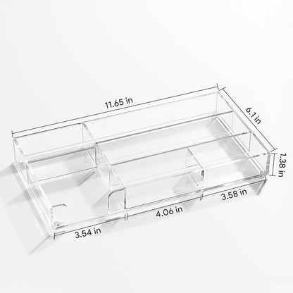 Acrylic Desk Drawer Organizer Tray with 6 Compartments, Small Clear Office Drawer Organizers and Accessories for Pens, Pencil, Makeup, Desktop, Bathroom and Kitchen, 11.65 x 6.1 x 1.38 Inch