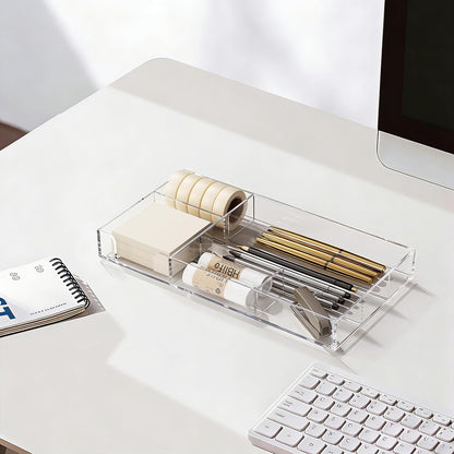 Acrylic Desk Drawer Organizer Tray with 6 Compartments, Small Clear Office Drawer Organizers and Accessories for Pens, Pencil, Makeup, Desktop, Bathroom and Kitchen, 11.65 x 6.1 x 1.38 Inch
