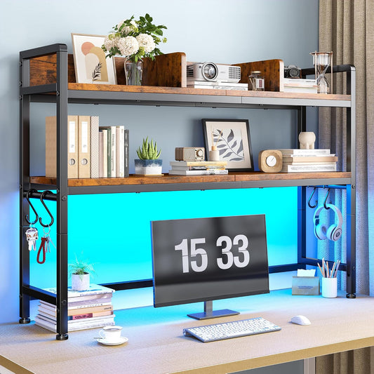 2-Tier Desk Shelf, LED, Bedroom and Home Office, Rustic Brown