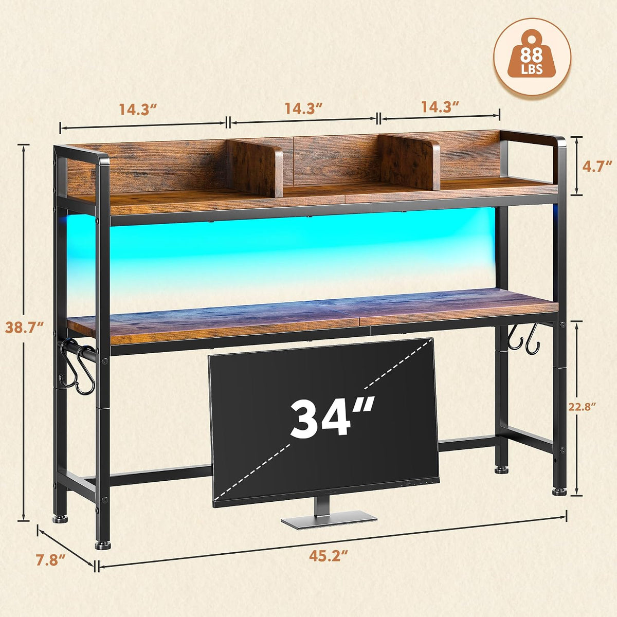 2-Tier Desk Shelf, LED, Bedroom and Home Office, Rustic Brown