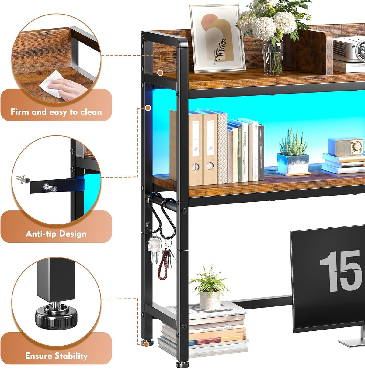 2-Tier Desk Shelf, LED, Bedroom and Home Office, Rustic Brown