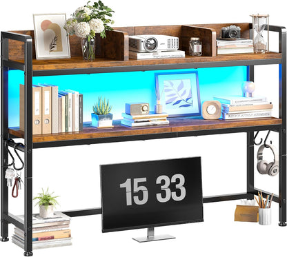 2-Tier Desk Shelf, LED, Bedroom and Home Office, Rustic Brown
