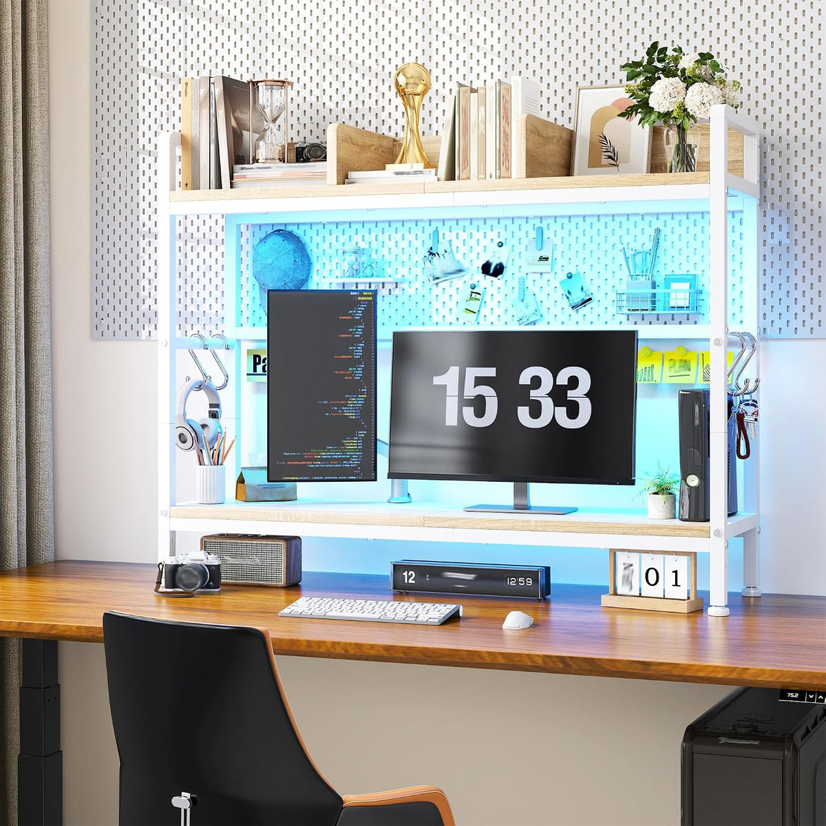 2-Tier Desk Shelf, LED, Bedroom and Home Office, Rustic Brown